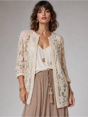 Vintage Scala Ivory Beaded Lace Jacket M Sheer Art Deco Gatsby Kimono NWT